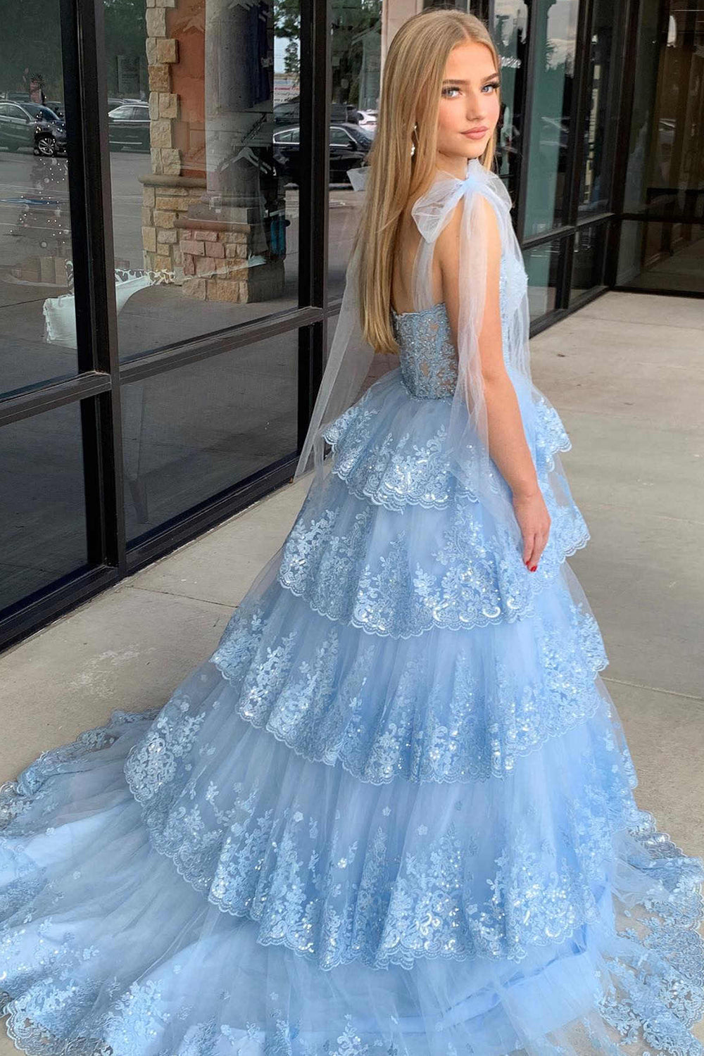 Light Blue Sweetheart Bow Tie Straps Tiered Tulle Sequin Prom Dress with Appliques