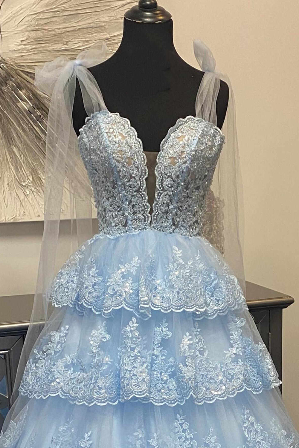 Light Blue Sweetheart Bow Tie Straps Tiered Tulle Sequin Prom Dress with Appliques