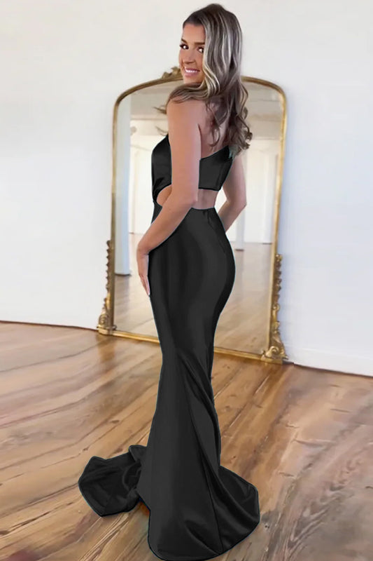 Hollow Out Black Mermaid One Shoulder Long Prom Dress