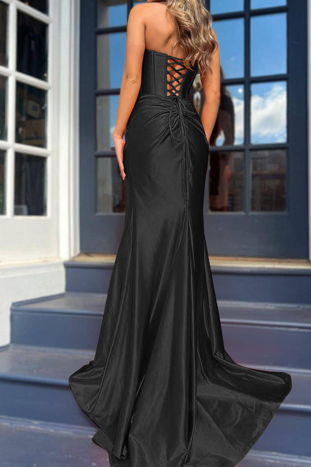 Mermaid Strapless Black Corset Prom Dress with Split Front