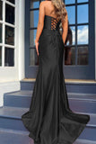 Mermaid Strapless Black Corset Prom Dress with Split Front