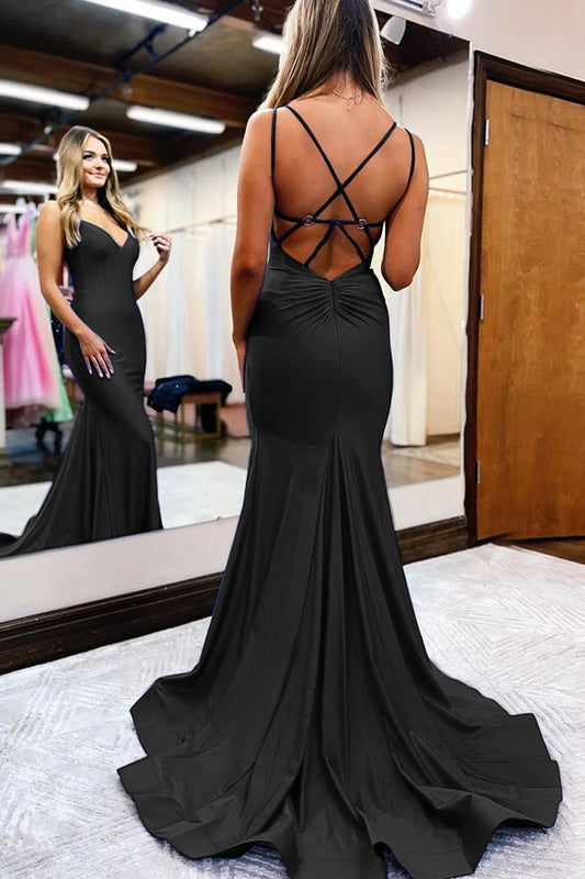 Black Mermaid Spaghetti Straps Long Prom Dress