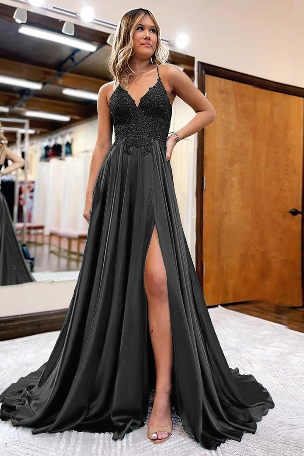 Peacock Green Satin A-Line Appliques Prom Dress with Slit