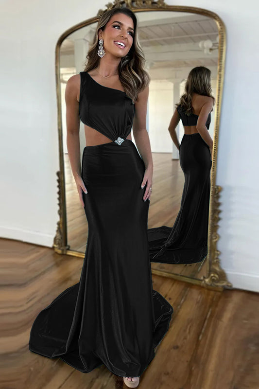 Hollow Out Black Mermaid One Shoulder Long Prom Dress