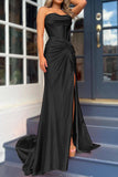 Mermaid Strapless Black Corset Prom Dress with Split Front