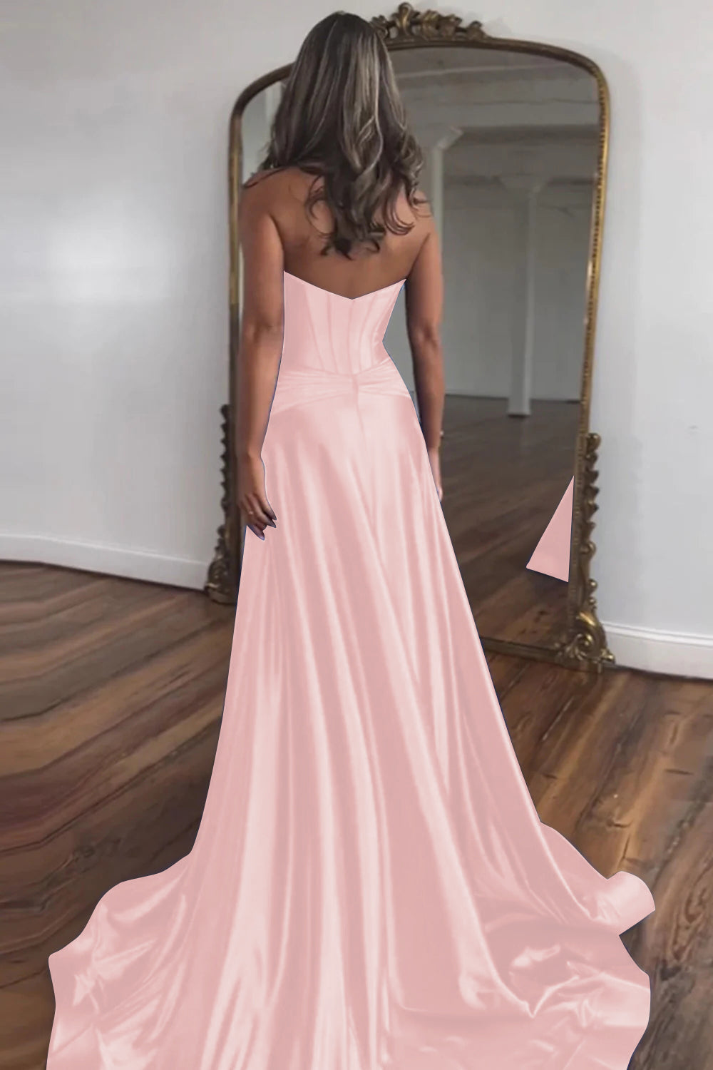 Blush Pink Sweetheart Zipper Back Long Satin Prom Dress With Split