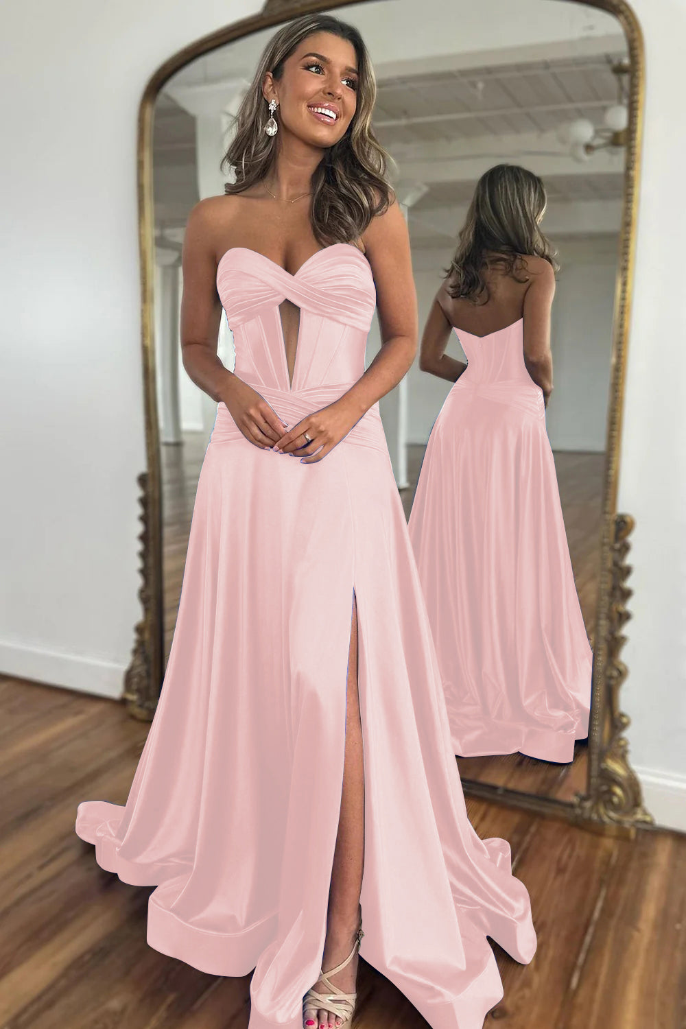 Blush Pink Sweetheart Zipper Back Long Satin Prom Dress With Split