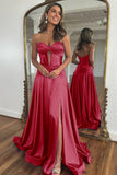 Blush Pink Sweetheart Zipper Back Long Satin Prom Dress With Split