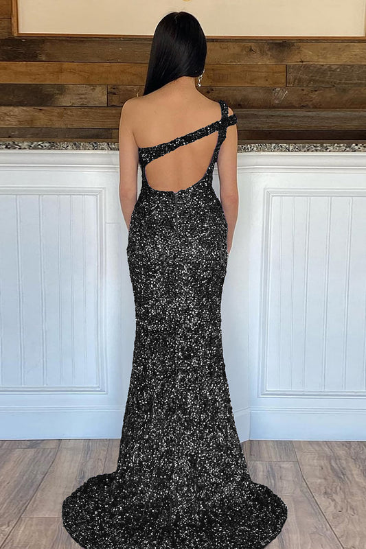 Sparkly Sequins Black Mermaid One Shoulder Long Prom Dress