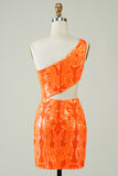 One Shoulder Orange Tight Short Homecoming Dress with Hollow-out