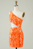 One Shoulder Orange Tight Short Homecoming Dress with Hollow-out