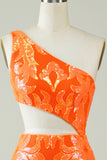 One Shoulder Orange Tight Short Homecoming Dress with Hollow-out