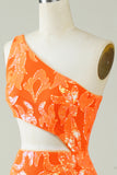 One Shoulder Orange Tight Short Homecoming Dress with Hollow-out