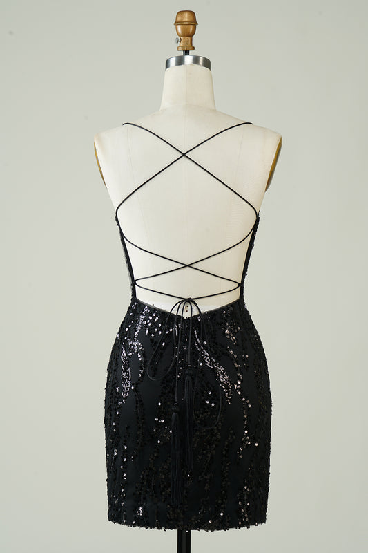 Black Tight Glitter Short Homecoming Dress with Sequins