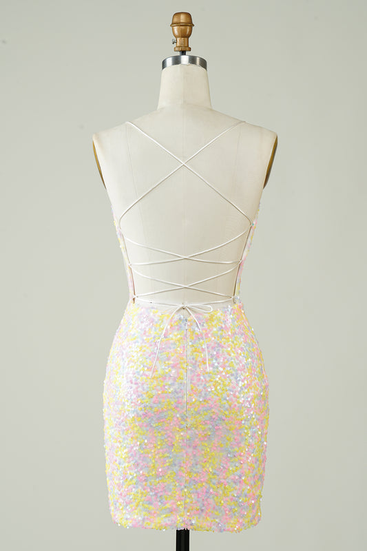 White Tight Glitter Short Homecoming Dress with Rainbow Sequins