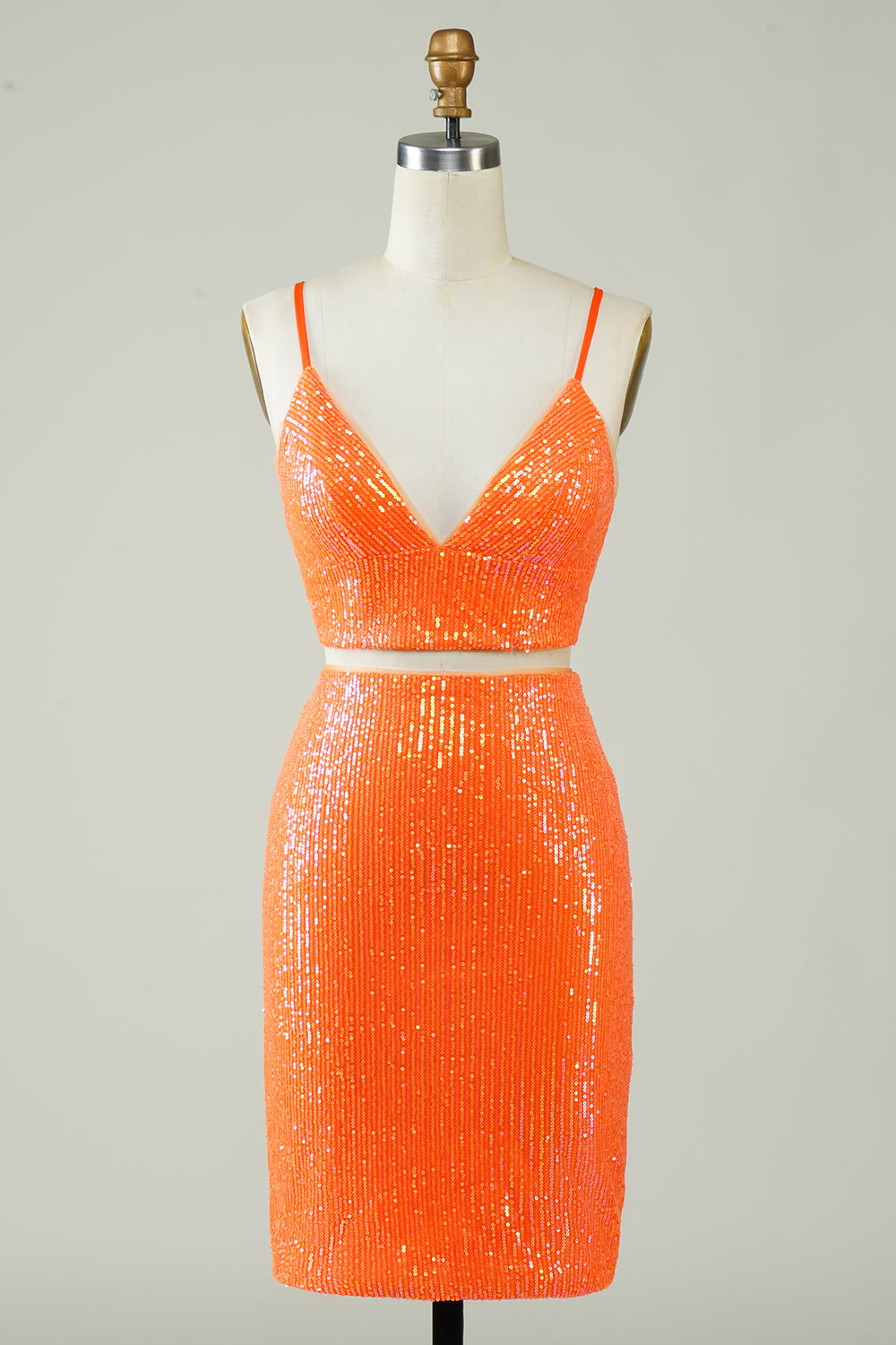 Two Piece Orange Tight Short Glitter Homecoming Dress with Sequins