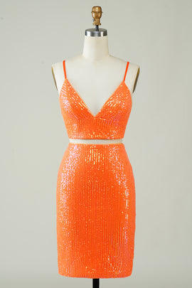 Two Piece Orange Tight Short Glitter Homecoming Dress with Sequins