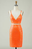 Two Piece Orange Tight Short Glitter Homecoming Dress with Sequins