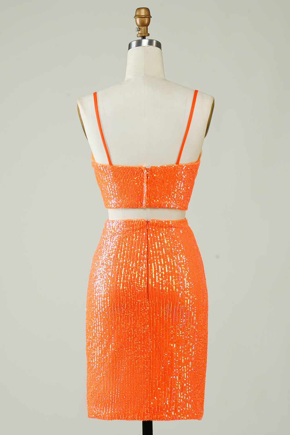 Two Piece Orange Tight Short Glitter Homecoming Dress with Sequins