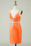 Two Piece Orange Tight Short Glitter Homecoming Dress with Sequins