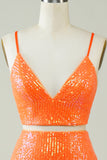 Two Piece Orange Tight Short Glitter Homecoming Dress with Sequins