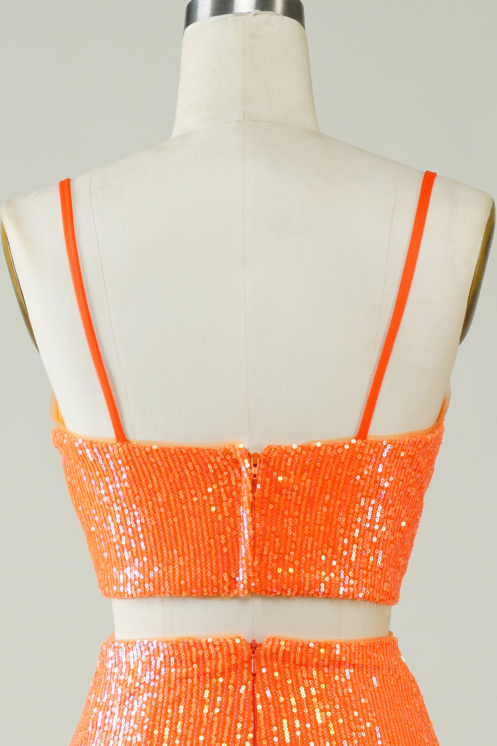 Two Piece Orange Tight Short Glitter Homecoming Dress with Sequins