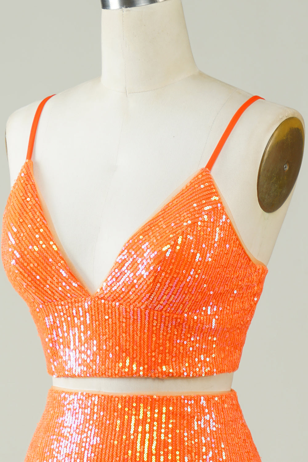 Two Piece Orange Tight Short Glitter Homecoming Dress with Sequins