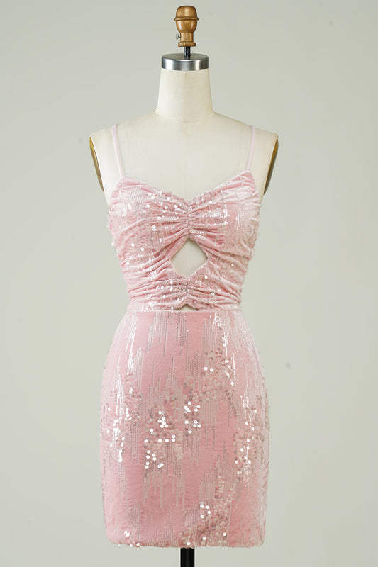 Pink Velvet Tight Glitter Short Homecoming Dress with Sequins