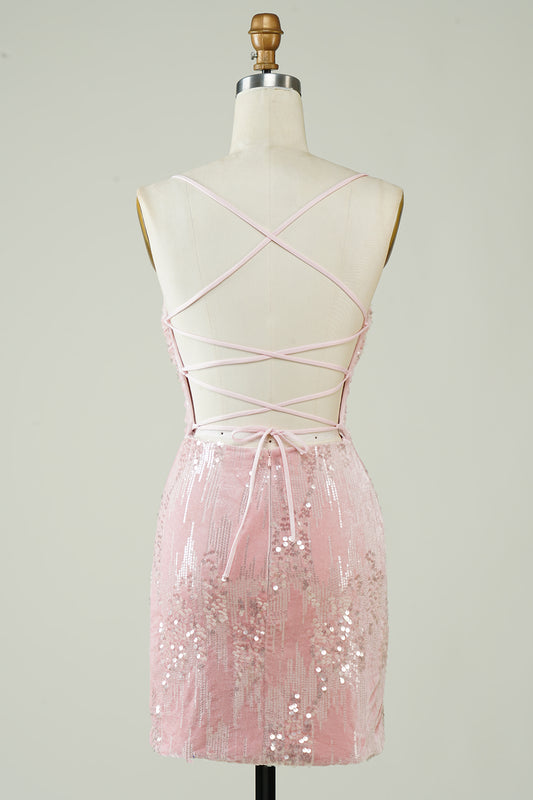 Pink Velvet Tight Glitter Short Homecoming Dress with Sequins