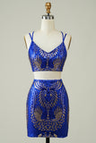 Two Piece Royal Blue Tight Short Glitter Homecoming Dress with Sequins