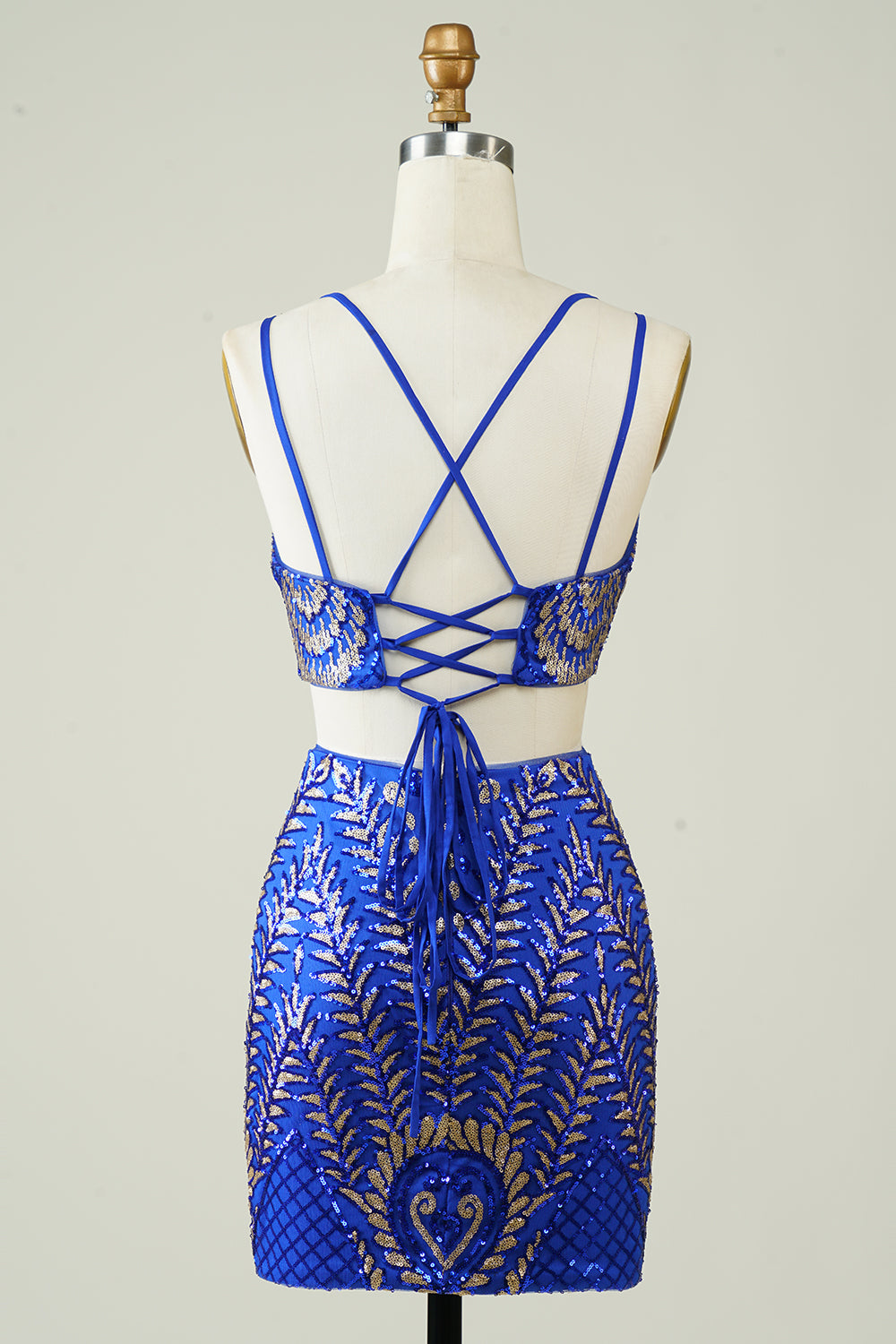 Two Piece Royal Blue Tight Short Glitter Homecoming Dress with Sequins