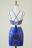 Two Piece Royal Blue Tight Short Glitter Homecoming Dress with Sequins