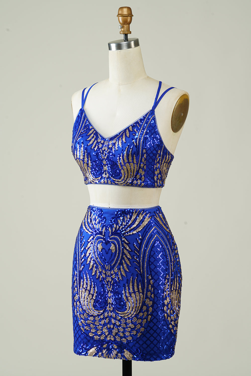 Two Piece Royal Blue Tight Short Glitter Homecoming Dress with Sequins