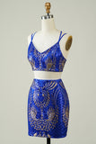 Two Piece Royal Blue Tight Short Glitter Homecoming Dress with Sequins