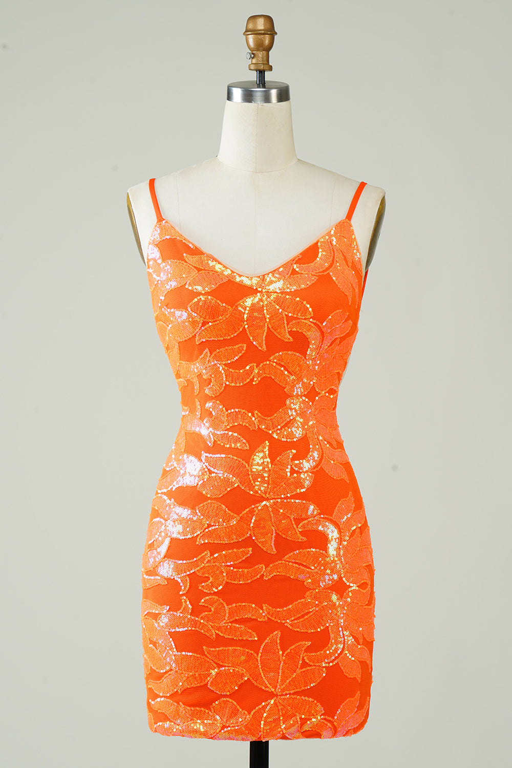 Sparkly Orange Tight Short Homecoming Dress with Open Back