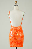 Sparkly Orange Tight Short Homecoming Dress with Open Back