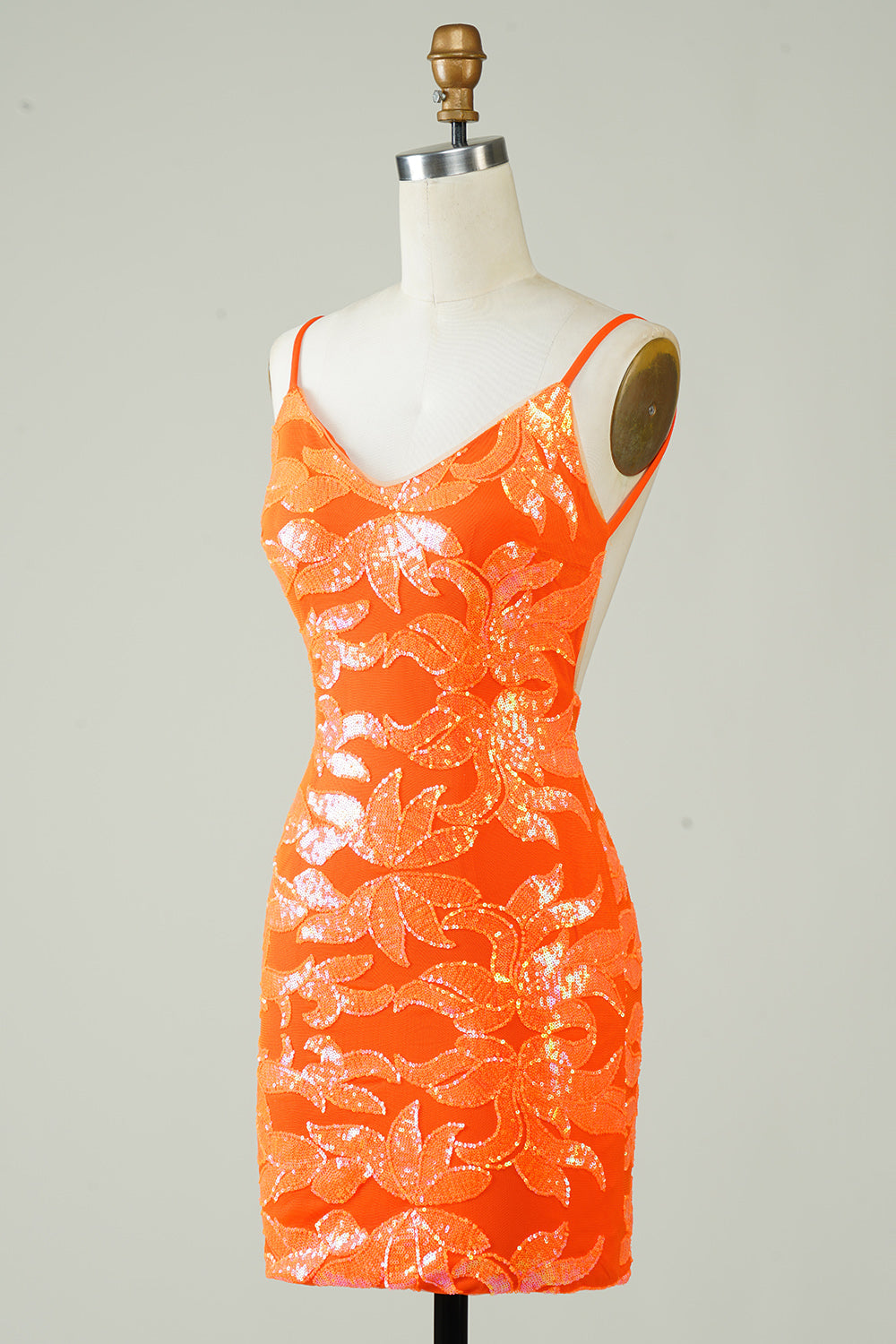 Sparkly Orange Tight Short Homecoming Dress with Open Back