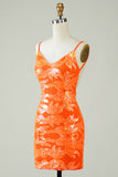 Sparkly Orange Tight Short Homecoming Dress with Open Back