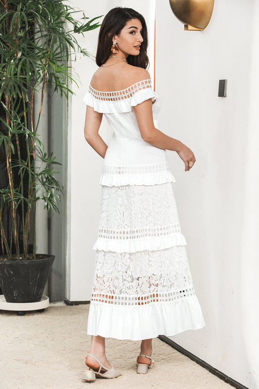 White Tiered Long Boho Engagement Graduation Dress with Lace