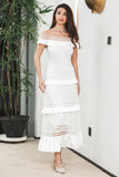 White Tiered Long Boho Engagement Graduation Dress with Lace