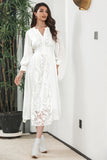 White Boho Long Sleeves Engagement Graduation Dress with Lace