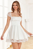 White A Line Square Neck Mini Graduation Dress with Lace