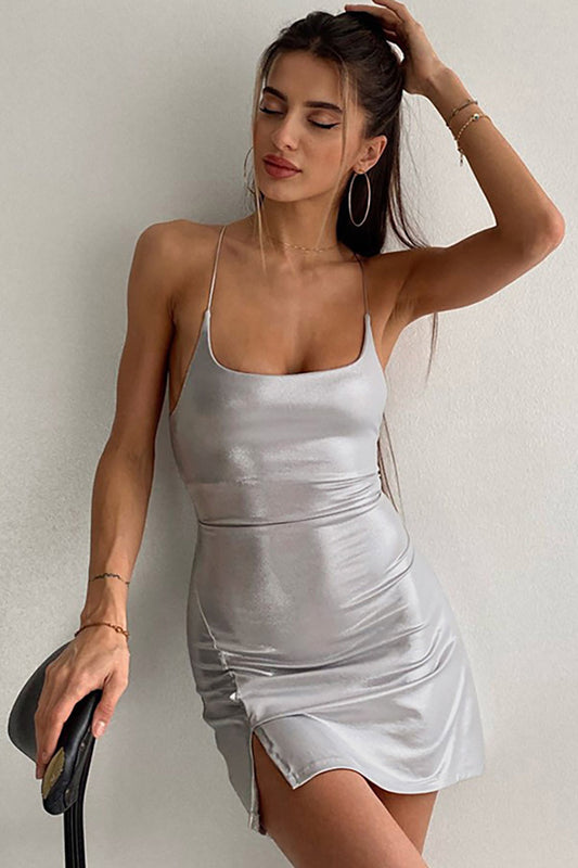 Silver Spaghetti Straps Short Tight Cocktail Party Dress With Split