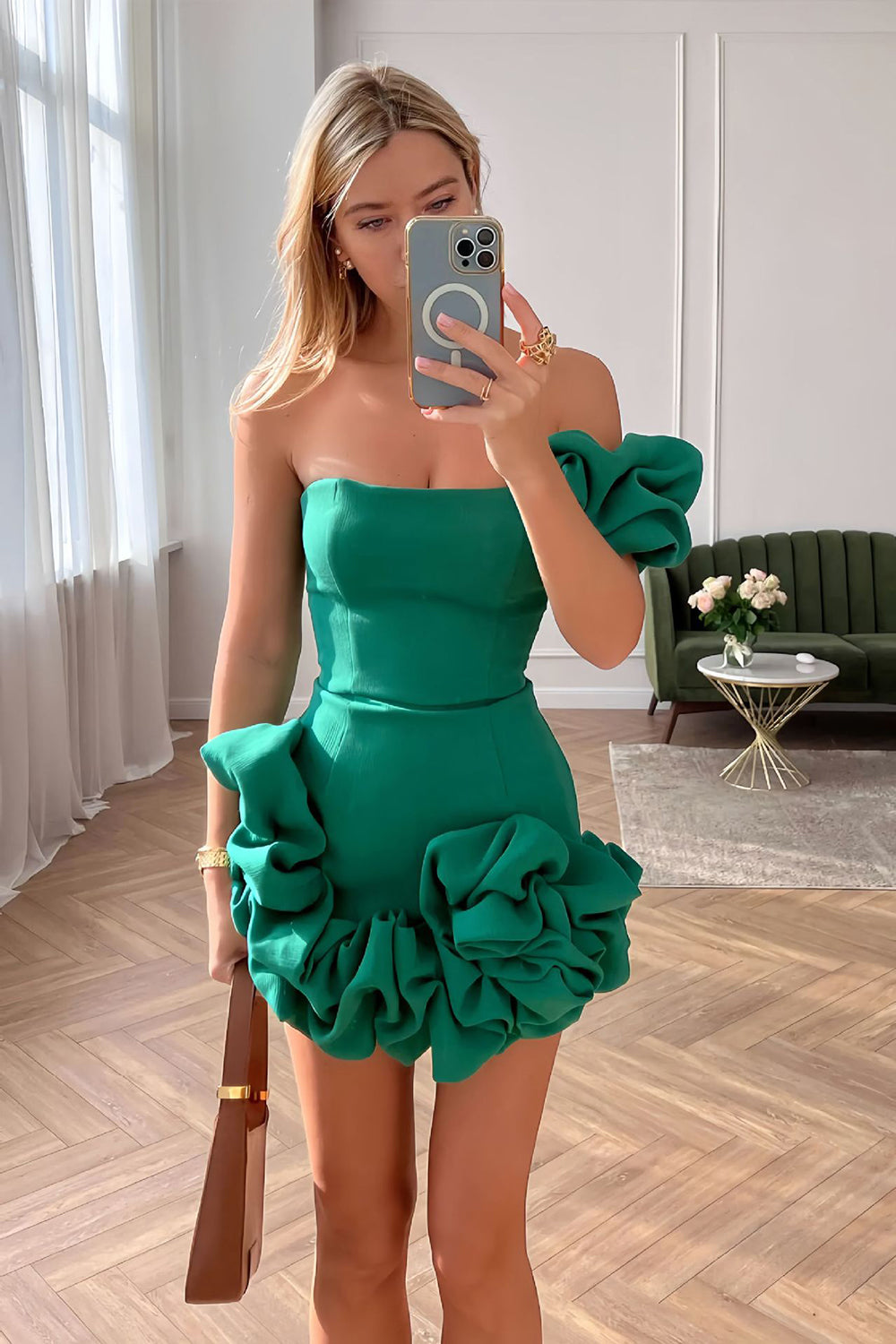 Green Strapless Bodycon Homecoming Dress With Ruffles