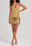 Golden Sparkly Sequin Fringe Short Homecoming Dress