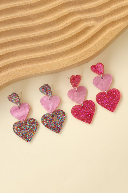 Fuchsia Sparkly Three Hearts Earrings