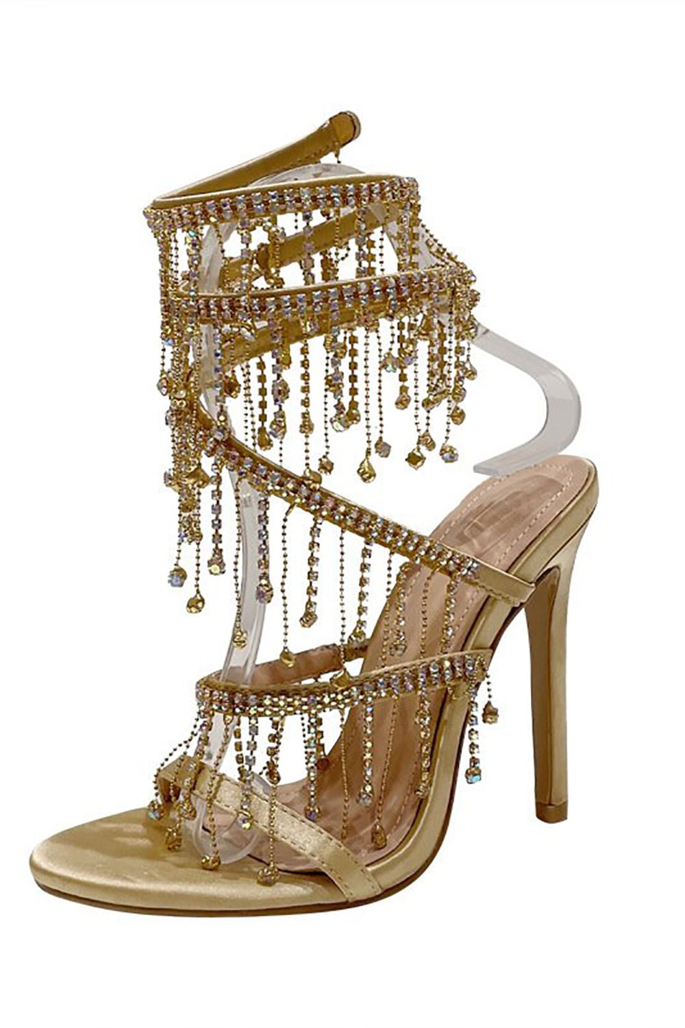 Golden Sparkly Strappy High Heeled Sandals With Tassel