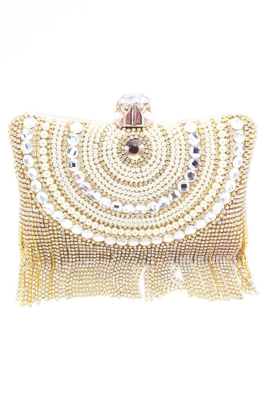 Golden Beaded Pearls Party Clutch