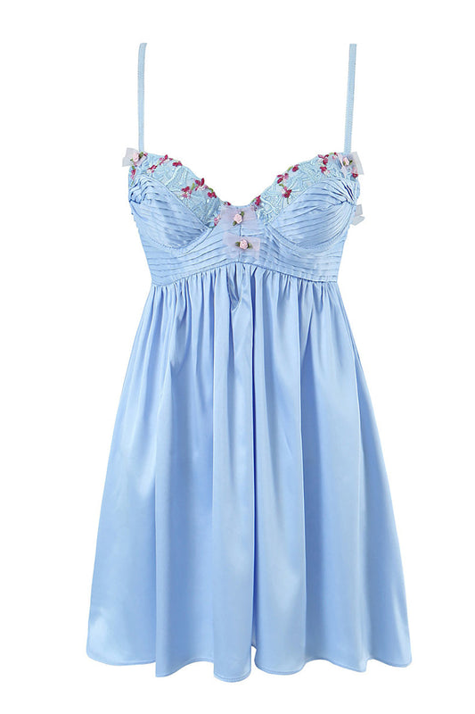 Blue A-Line Spaghetti Straps Backless Graduation Dress With Appliques