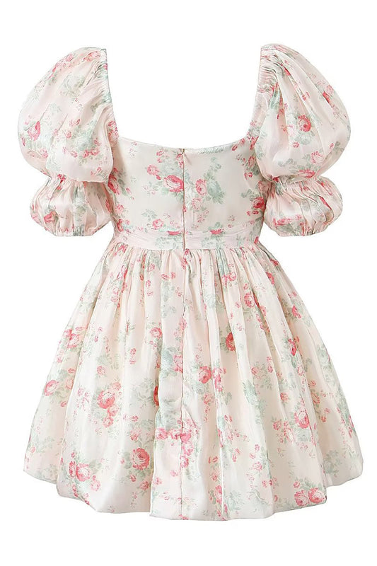 Floral Printed Light Pink A-Line Puff Sleeves Graduation Dress